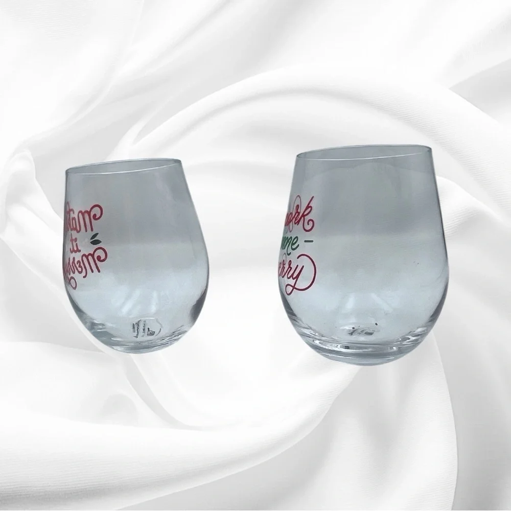 Holiday Stemless Wine Glass Set with Festive Red and Green Merry Designs NWT